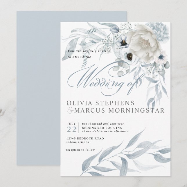 Invitación Elegante acuarela moderna Dusty Floral Azul (Anverso / Reverso)