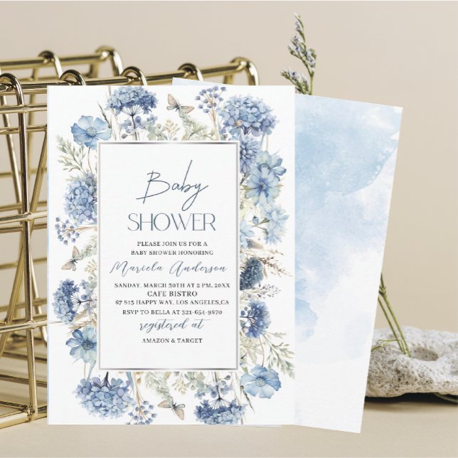 Invitación Elegante acuarela moderna Flores azules Baby Showe (Subido por el creador)