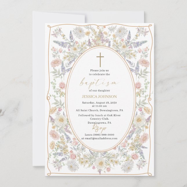 Invitación Elegante acuarela moderna Flores Bautismo (Anverso)