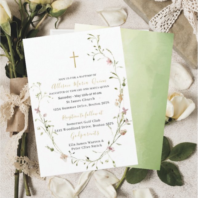 Invitación Elegante acuarela moderna Flores silvestres bautis (Subido por el creador)
