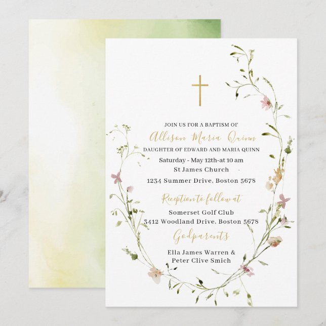 Invitación Elegante acuarela moderna Flores silvestres bautis (Anverso / Reverso)