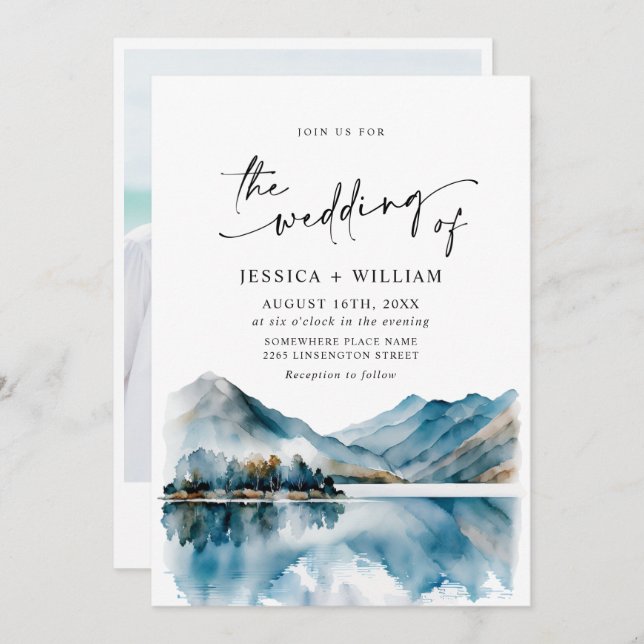 Invitación Elegante acuarela Montañas Boda Forestal Foto (Anverso / Reverso)
