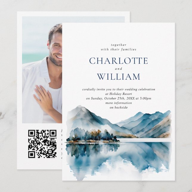 Invitación Elegante acuarela Montañas Boda Forestal Foto (Anverso / Reverso)