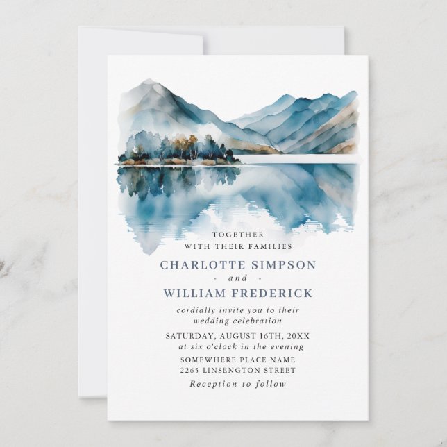 Invitación Elegante acuarela Montañas Boda Forestal Foto (Anverso)