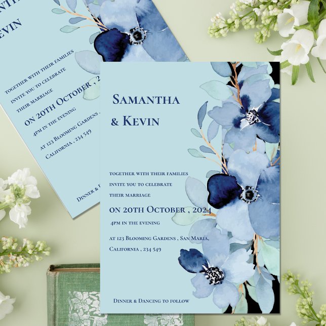Invitación Elegante acuarela Moody Blue Floral Boda (Elegant Watercolor Moody Blue Floral Wedding Invitation)