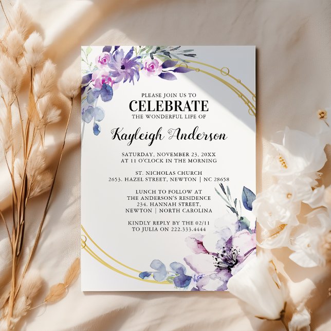 Invitación Elegante acuarela Morado Flor Memorial (Subido por el creador)