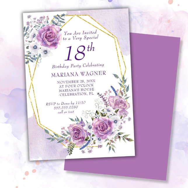 Invitación Elegante acuarela Morado Floral 18 cumpleaños (Subido por el creador)