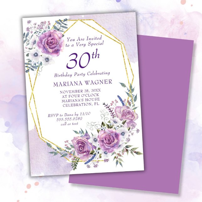 Invitación Elegante acuarela Morado Floral 30 cumpleaños (Subido por el creador)