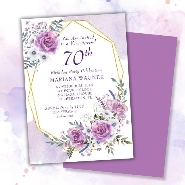 Invitación Elegante acuarela Morado Floral 70 cumpleaños (Subido por el creador)