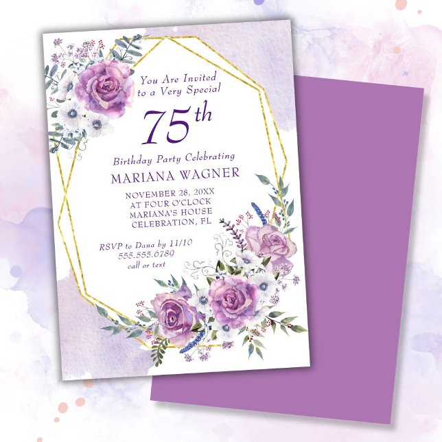 Invitación Elegante acuarela Morado Floral 75 cumpleaños (Subido por el creador)