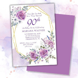 Invitación Elegante acuarela Morado Floral 90 cumpleaños