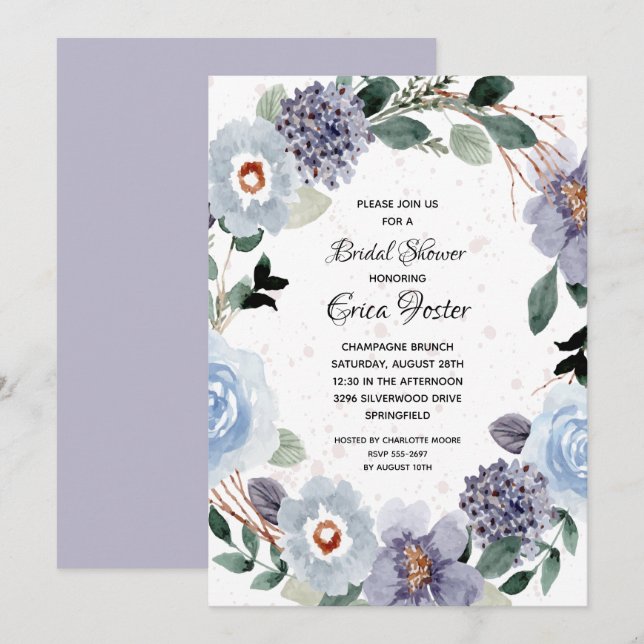Invitación Elegante acuarela Morado Floral Bridal Ducha (Anverso / Reverso)
