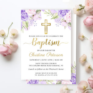 Invitación Elegante acuarela Morado Floral Chica Bautismo