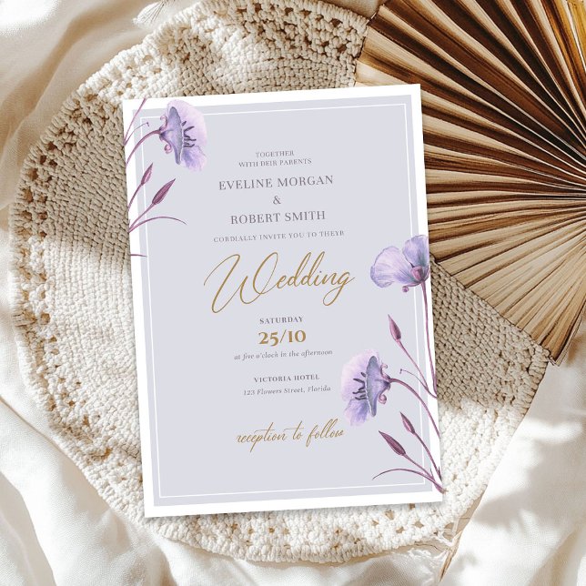 Invitación Elegante acuarela morado y dorado boho floral (Elegant watercolor purple and gold floral boho invitation)