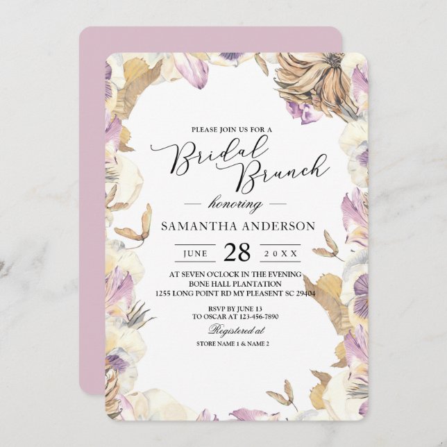 Invitación Elegante acuarela morado y flores de belleza amari (Anverso / Reverso)