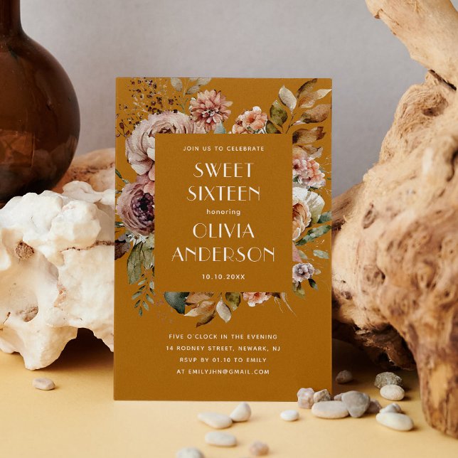 Invitación Elegante acuarela mostaza floral naranja Dulce 16 (Subido por el creador)