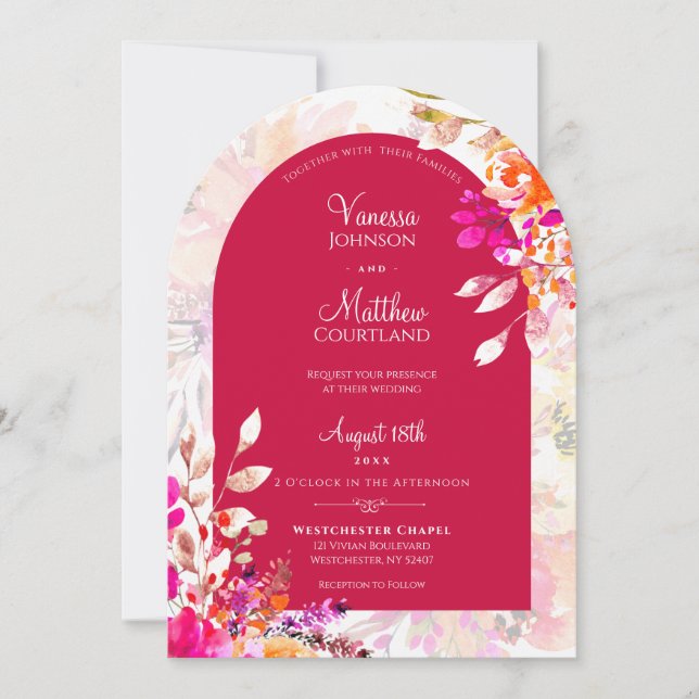 Invitación Elegante acuarela Naranja rosa Boda de arco floral (Anverso)