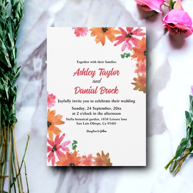 Invitación Elegante acuarela Naranja rosa Boda floral otoño (Subido por el creador)