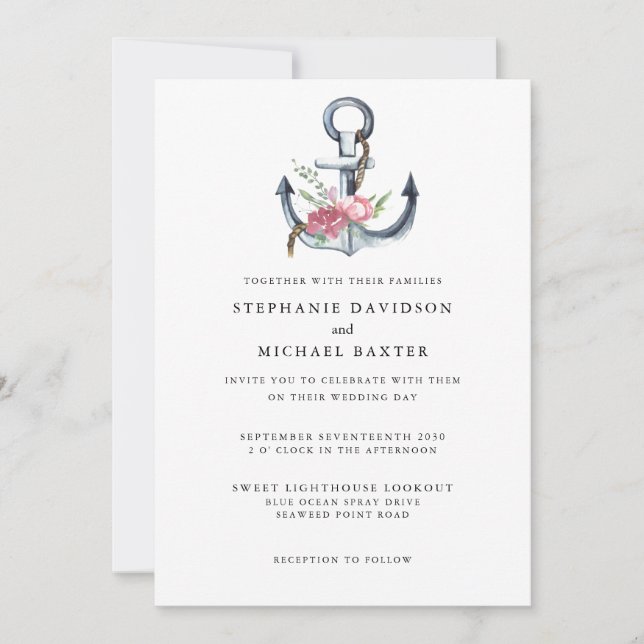Invitación Elegante acuarela Nautical Anchor Greeneration (Anverso)