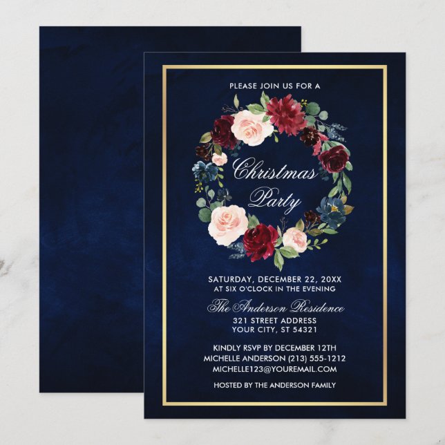 Invitación Elegante acuarela Navidades florales Fiesta Gold (Anverso / Reverso)