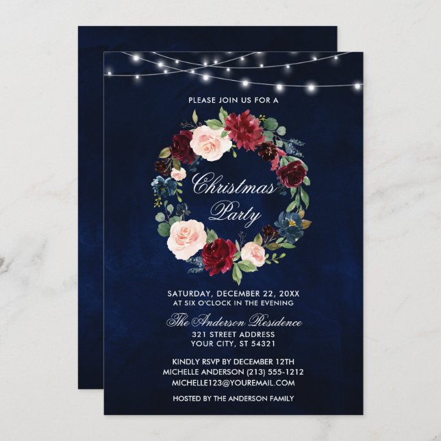 Invitación Elegante acuarela Navidades florales Fiestas Luces (Anverso / Reverso)