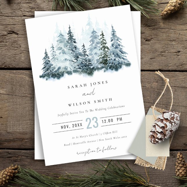 Invitación Elegante acuarela Nieve Boda de pino de invierno (Subido por el creador)