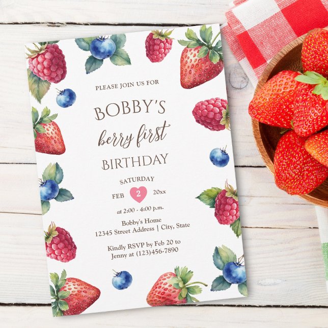 Invitación Elegante acuarela Niña Berry Primer cumpleaños (Subido por el creador)