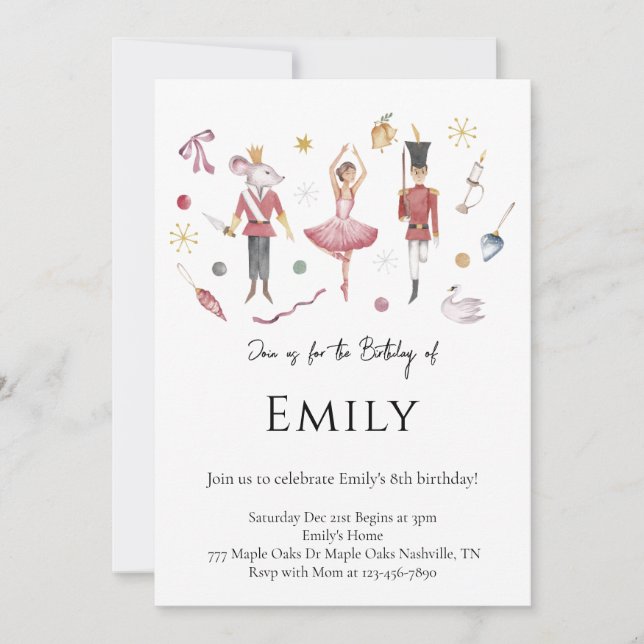 Invitación Elegante acuarela Nutcracker Navidades Cumpleaños (Anverso)