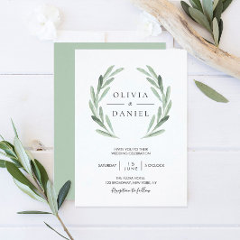 Invitación Elegante acuarela Olive Leaf Wreath Green Boda