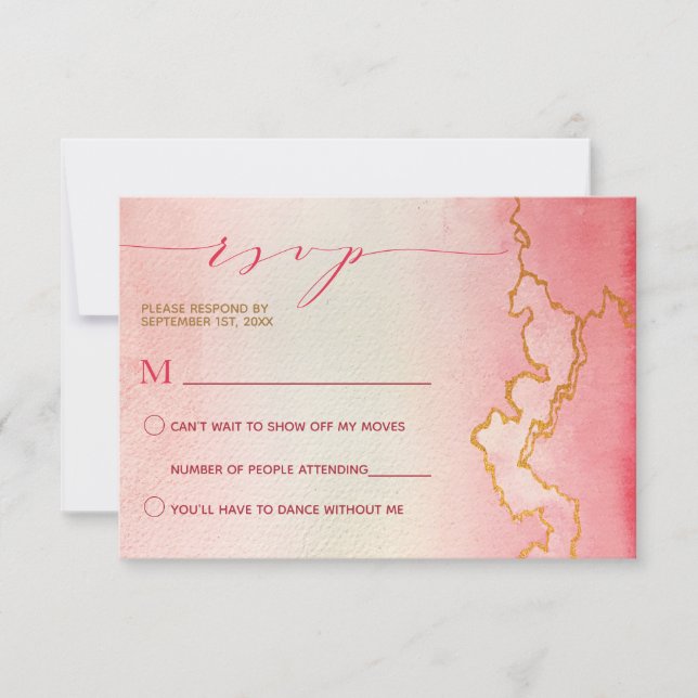 Invitación Elegante acuarela Ombre Rojo Rosa Mármol Oro RSVP (Anverso)