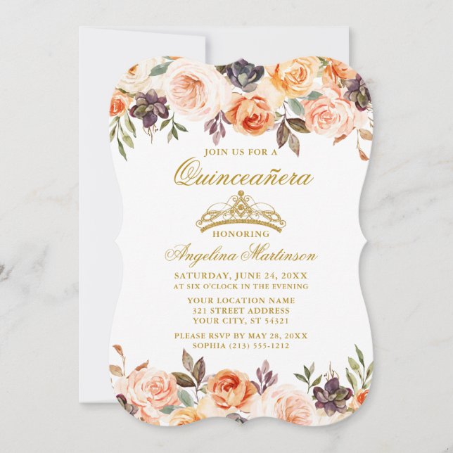 Invitación Elegante acuarela Oro Floral Otoño Quinceanera (Anverso)