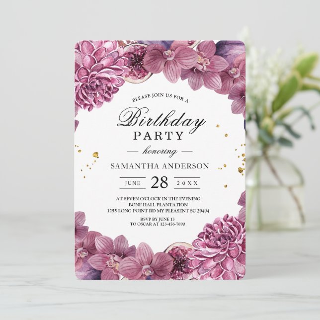 Invitación Elegante acuarela Orquídeas rosadas y púrpuras e h (Anverso de pie)