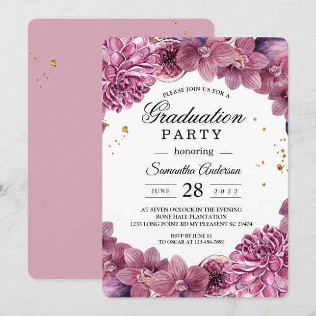 Invitación Elegante acuarela Orquídeas rosadas y púrpuras e h (Anverso / Reverso)