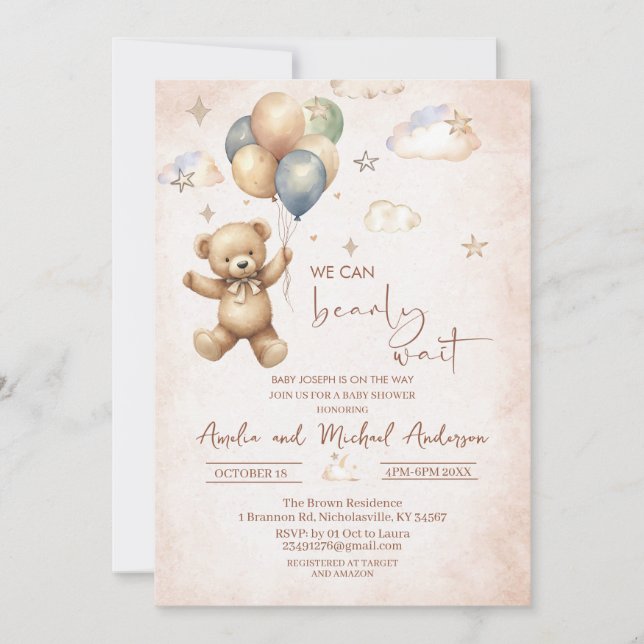 Invitación Elegante acuarela Oso Teddy ducha bebé (Anverso)