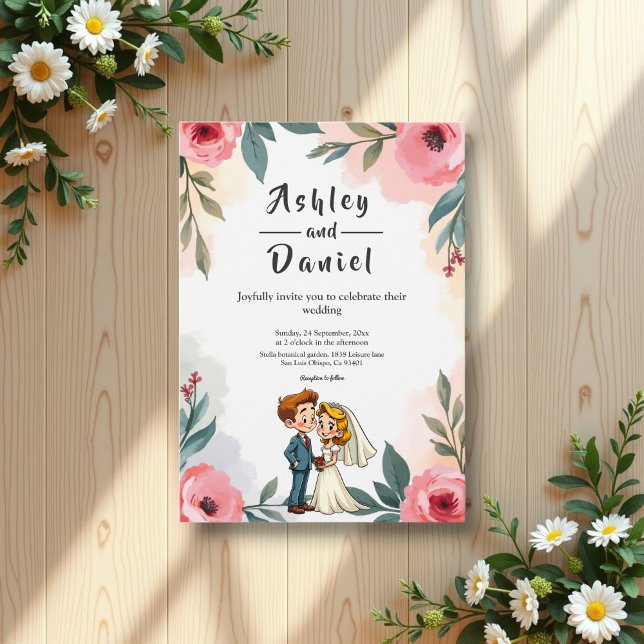 Invitación Elegante acuarela Pareja Floral Boda de verano (Subido por el creador)