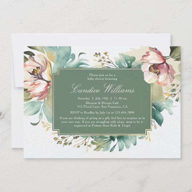 Invitación Elegante acuarela Parejas Florales Baby Shower (Anverso)