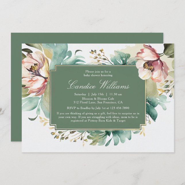 Invitación Elegante acuarela Parejas Florales Baby Shower (Anverso / Reverso)