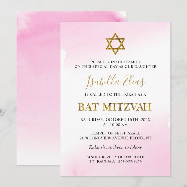 Invitación Elegante acuarela Pastel de oro rosa Mitzvah (Anverso / Reverso)