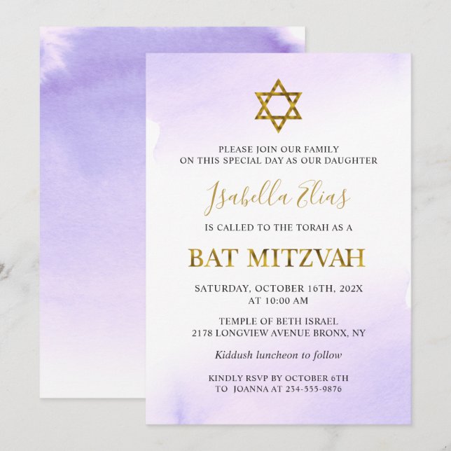 Invitación Elegante acuarela Pastel Purple Gold Bat Mitzvah (Anverso / Reverso)