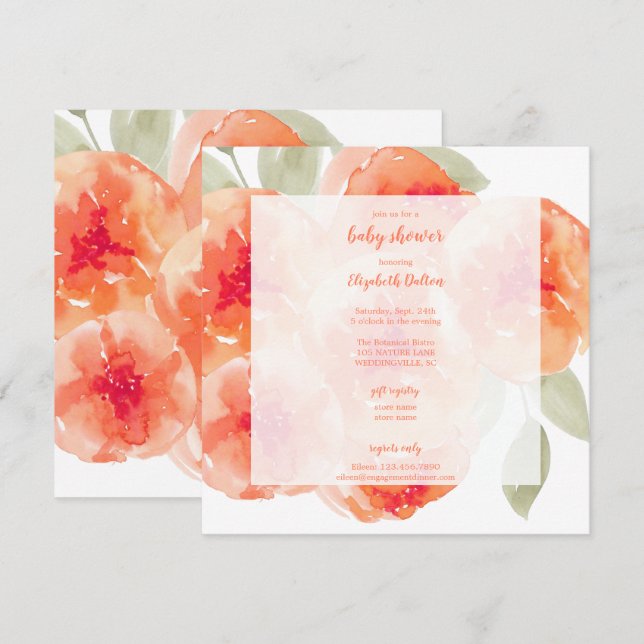 Invitación Elegante acuarela Peach Peonies Baby Shower (Anverso / Reverso)