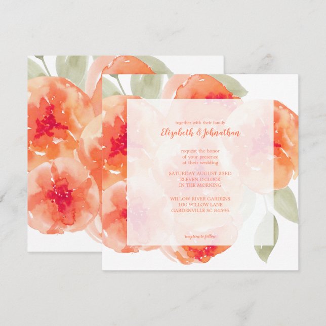 Invitación Elegante acuarela Peach Peonies Boda Floral (Anverso / Reverso)