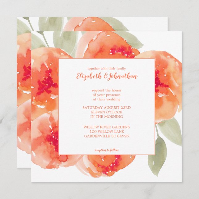 Invitación Elegante acuarela Peach Peonies Boda Floral (Anverso / Reverso)