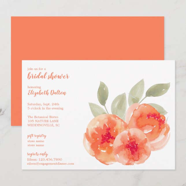 Invitación Elegante acuarela Peach Peonies Bridal Shower (Anverso / Reverso)