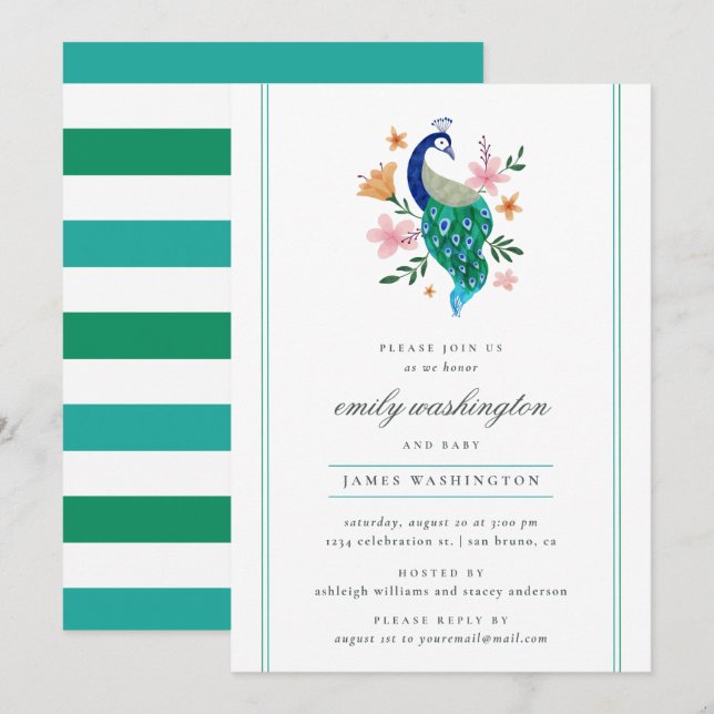 Invitación Elegante acuarela Peacock Baby Shower (Anverso / Reverso)