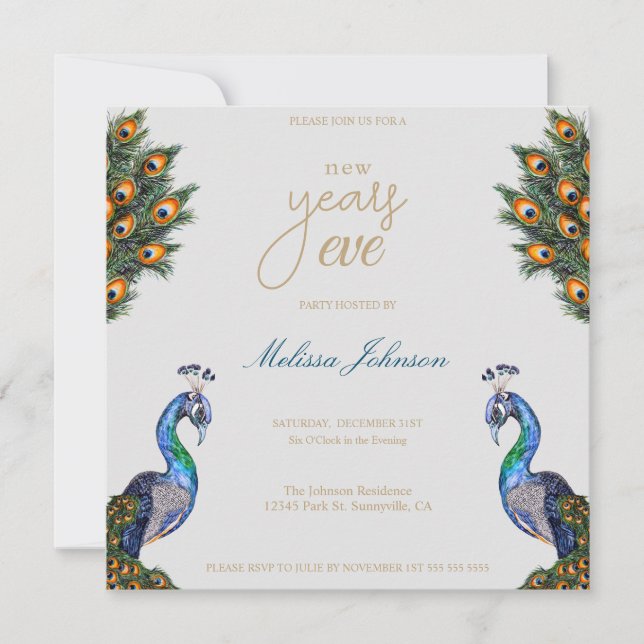 Invitación Elegante acuarela Peacock Fiesta de la víspera de  (Anverso)