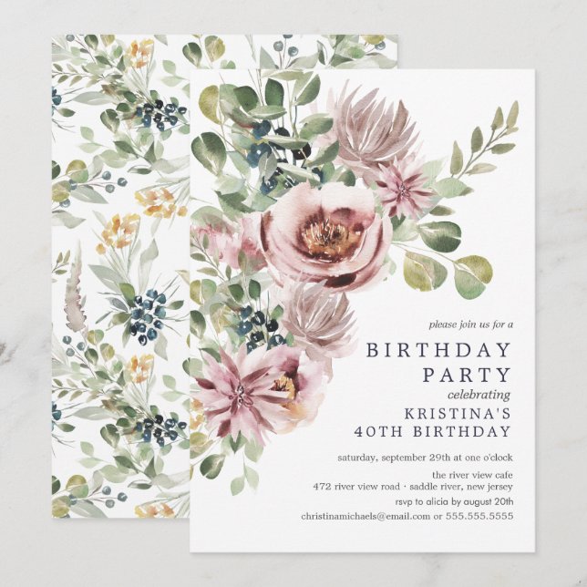 Invitación Elegante acuarela Peonies Fiesta de cumpleaños flo (Anverso / Reverso)