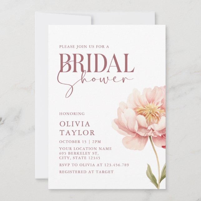 Invitación Elegante acuarela Peony Bridal Shower (Anverso)