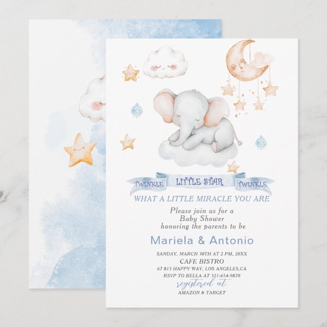 Invitación Elegante acuarela Pequeña estrella elefante Baby S (Anverso / Reverso)