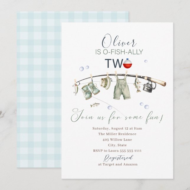 Invitación Elegante acuarela Pequeño pescador Segundo cumplea (Anverso / Reverso)