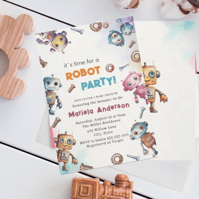 Invitación Elegante acuarela Pequeños Robots Bebé ShInvitació (Subido por el creador)
